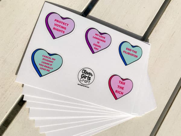 Social justice-themed Valentine candy heart stickers