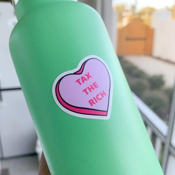 Social justice-themed Valentine candy heart water bottle stickers