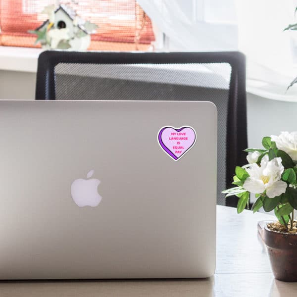 Social justice-themed Valentine candy heart laptop stickers